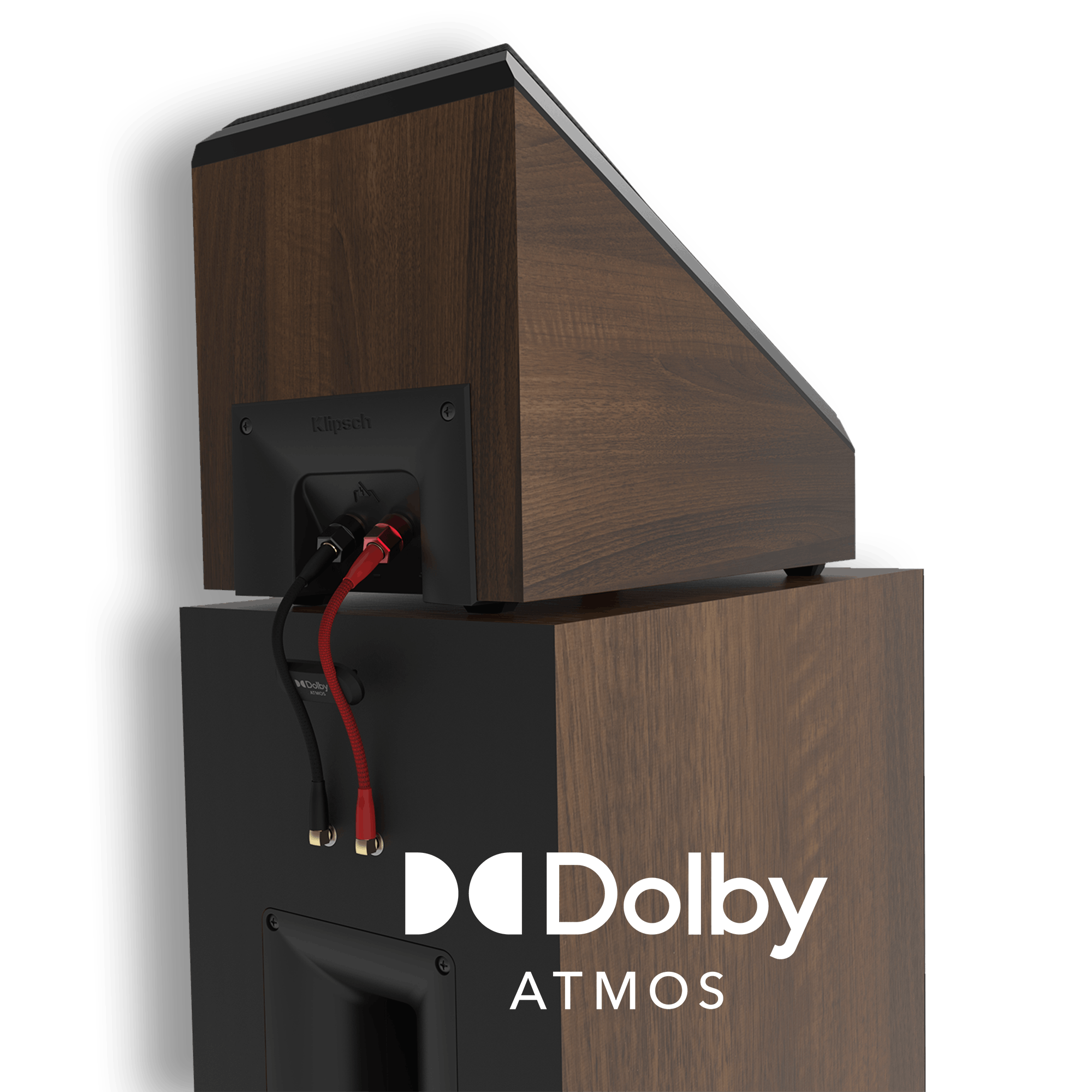 Reference Premiere II Floorstanding Speaker rear view displaying connections to an RP 500 SA Dolby Atmos elevation speaker with Dolby Atmos logo